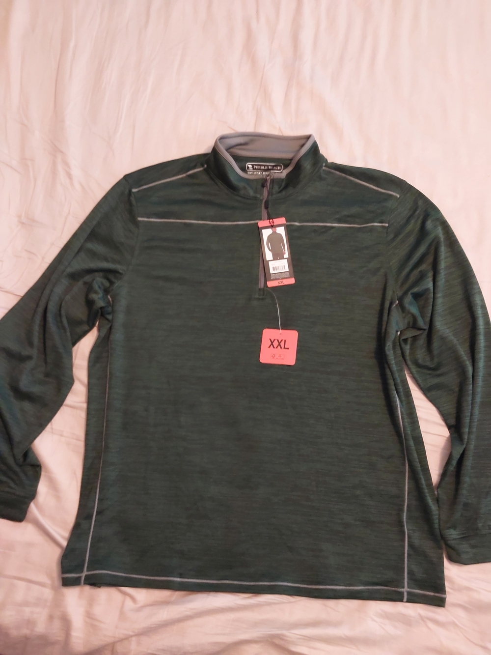 Pebble Beach Men's Long Sleeve Quarter-Zip Pullover - Dark Green with Gray Trim